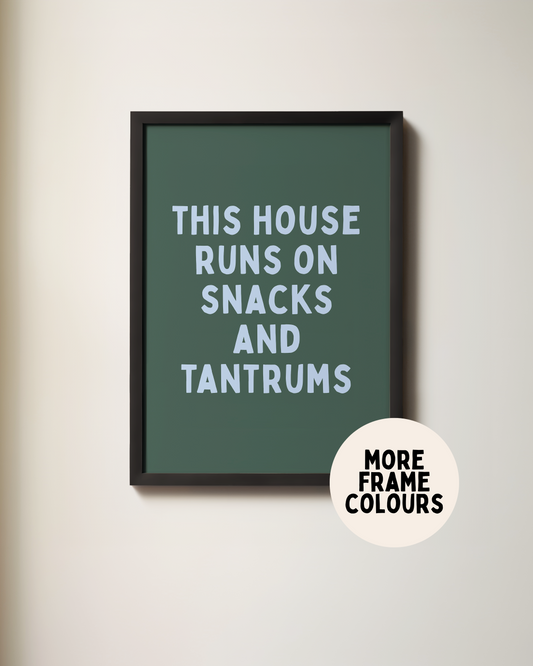 WISDOM & WONDER X HEY WONDER | Framed | This House Runs On Snacks And Tantrums | Seafoam & Forest Green | Wall Art Print