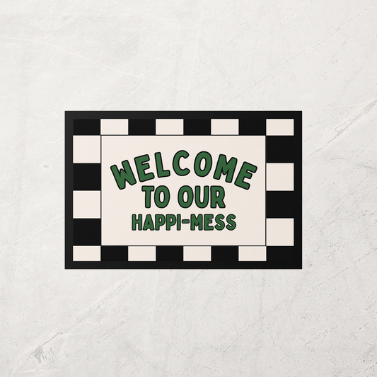 WISDOM & WONDER X HEY WONDER | Welcome To Our Happi-Mess | Forest Green & Black | Indoor Door Mat