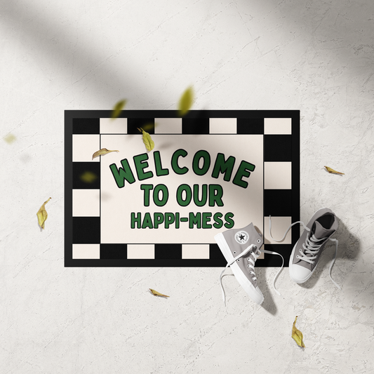 WISDOM & WONDER X HEY WONDER | Welcome To Our Happi-Mess | Forest Green & Black | Indoor Door Mat